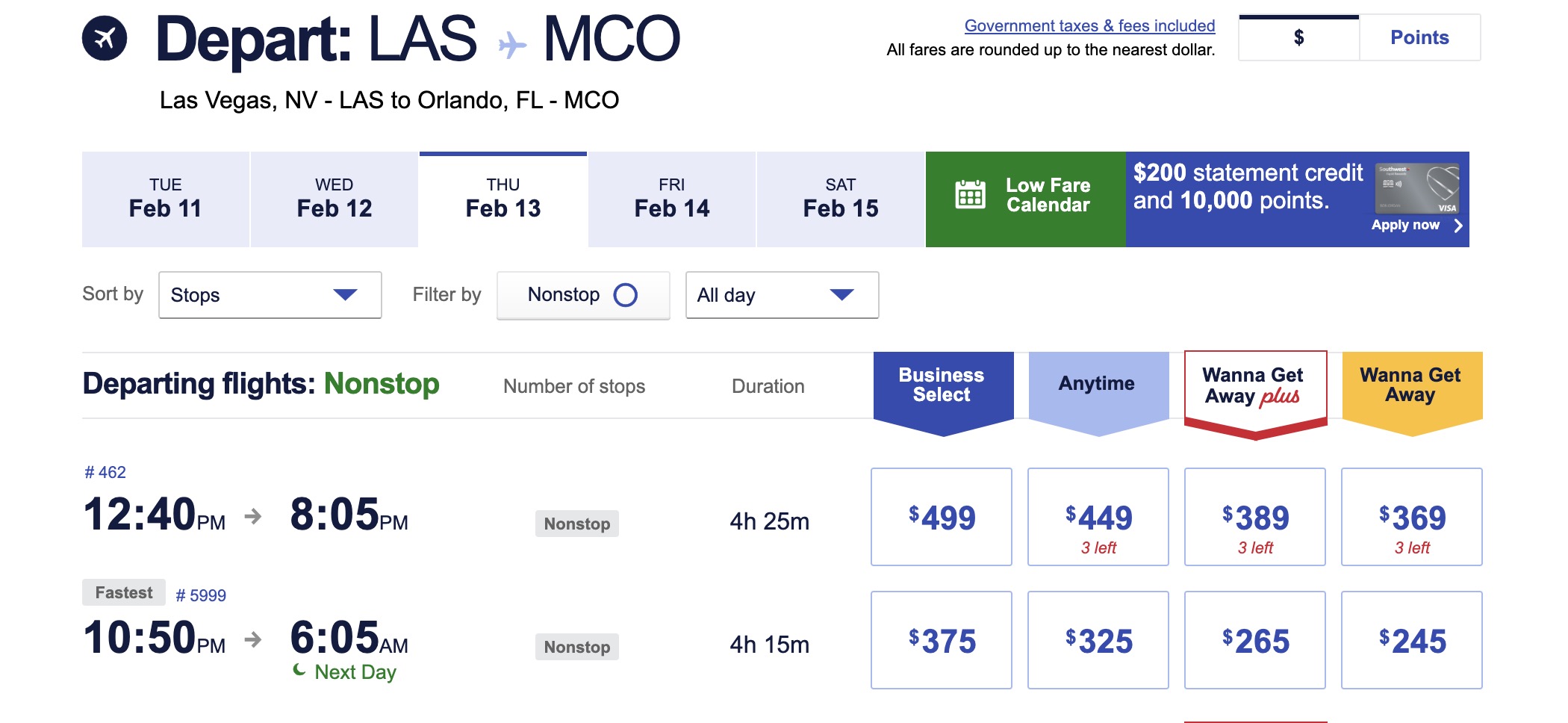 LAS to MCO redeye Southwest